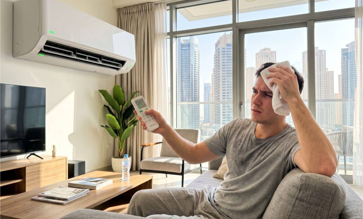 AC running but not cooling in a Dubai apartment with resident looking uncomfortable (1)