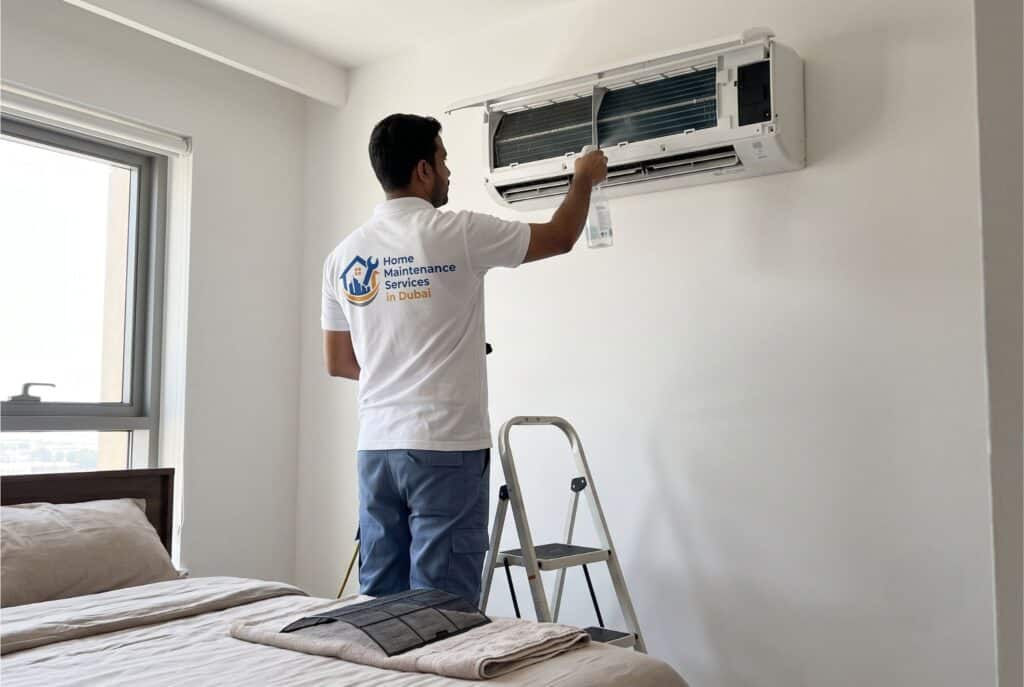 AC technician from BHMS Home Maintenance services in dubai, cleaning split AC coils in a Dubai apartment