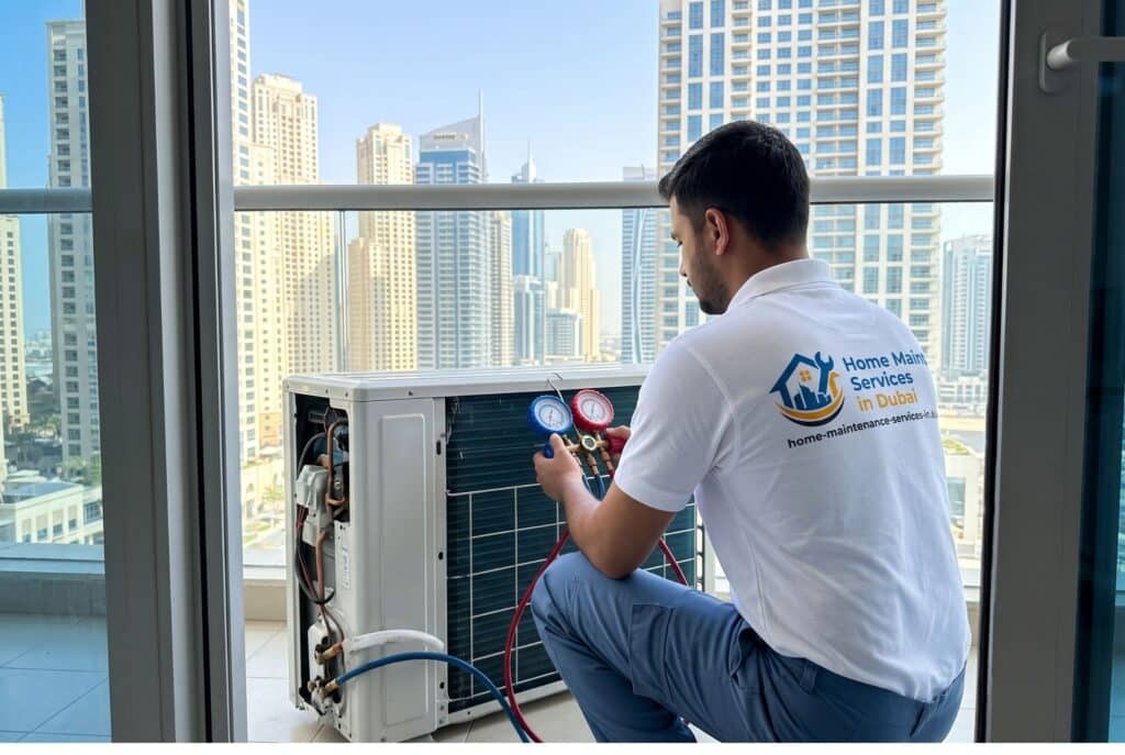 BHMS AC technician checking refrigerant gas pressure on split AC outdoor unit in Dubai