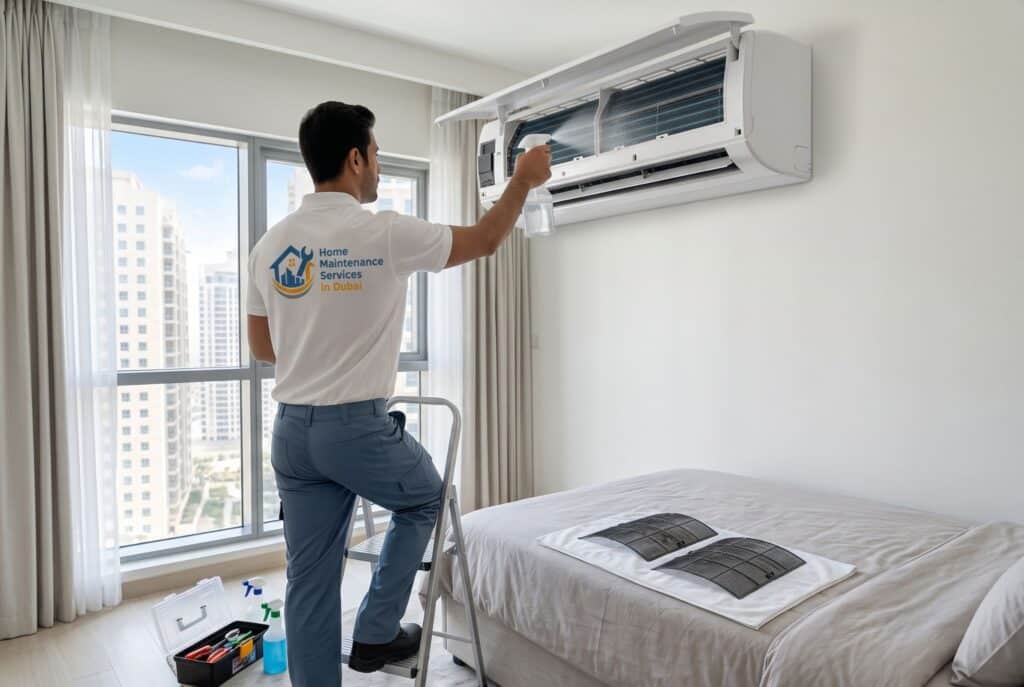BHMS technician deep cleaning split AC coils in a Dubai apartment bedroom (1)