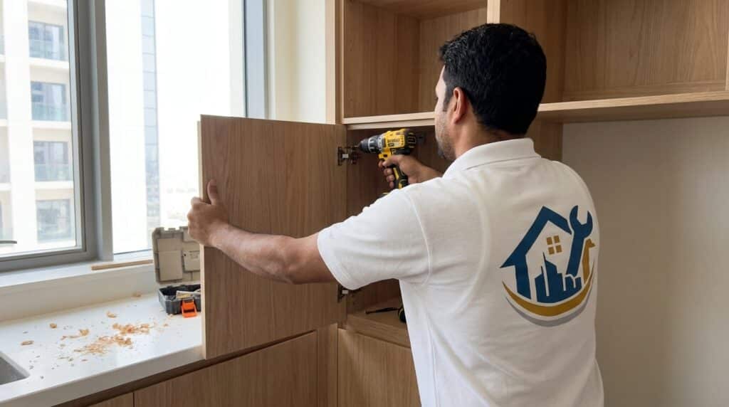 Carpenter installing cabinet door