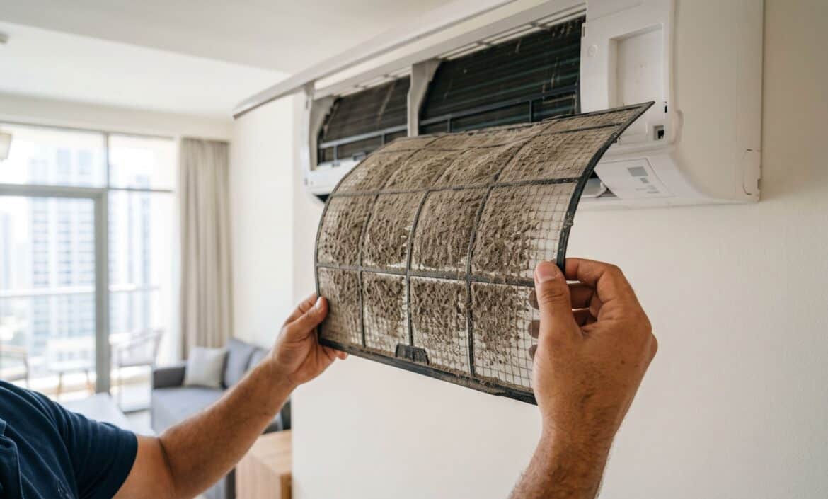 Dirty AC filter covered in dust removed from a split AC unit in a Dubai apartment.