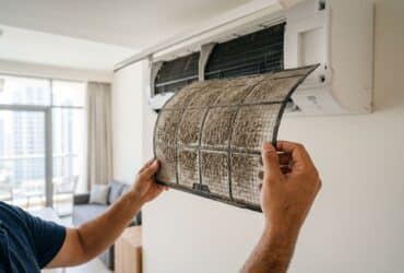 Dirty AC filter covered in dust removed from a split AC unit in a Dubai apartment.