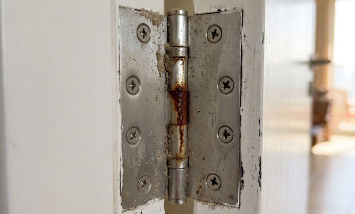Dusty and dry door hinge causing a squeaky door in a Dubai apartment