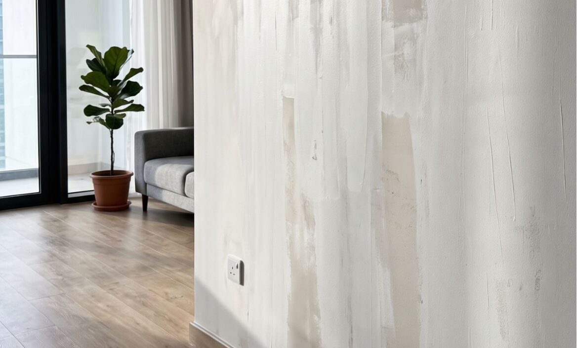 Patchy and uneven paint visible on apartment wall in morning sunlight in Dubai (1)