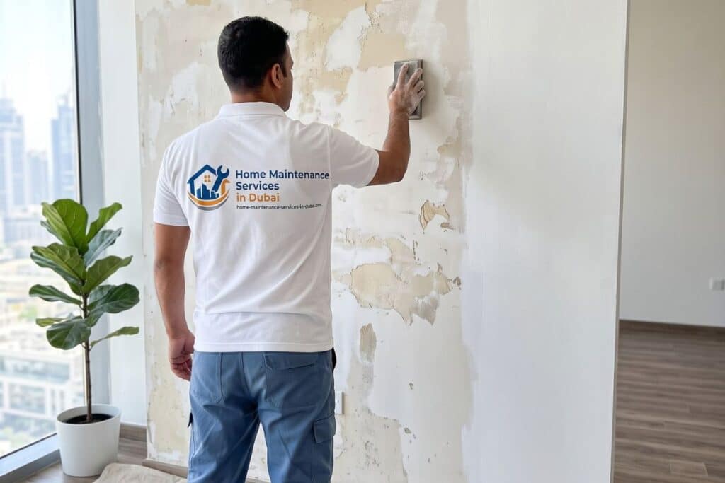 Professional painter sanding and priming a wall to fix uneven paint in a Dubai apartment