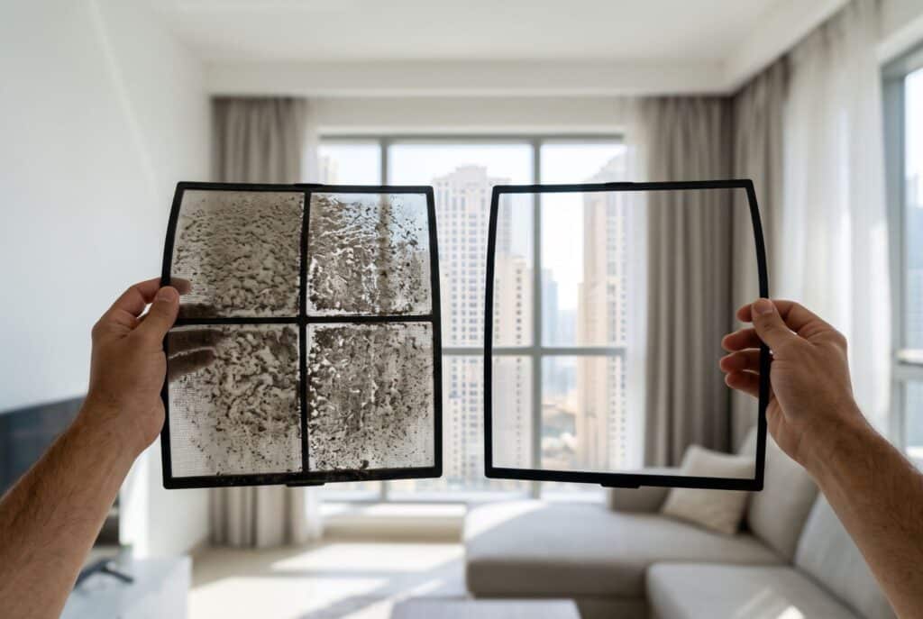 Side by side comparison of a clean AC filter and a dirty dust clogged AC filter from a Dubai apartment