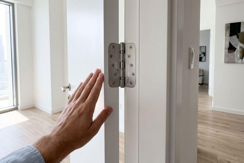 Smoothly swinging door with clean lubricated hinges after professional repair in Dubai apartment