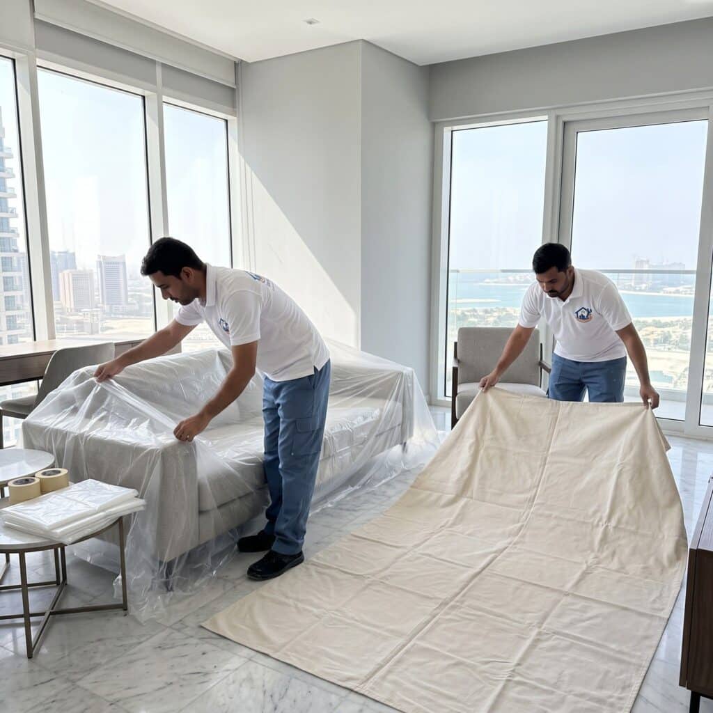 furniture wrapping and protecting before painting work. (how long does it take to paint an apartment)
