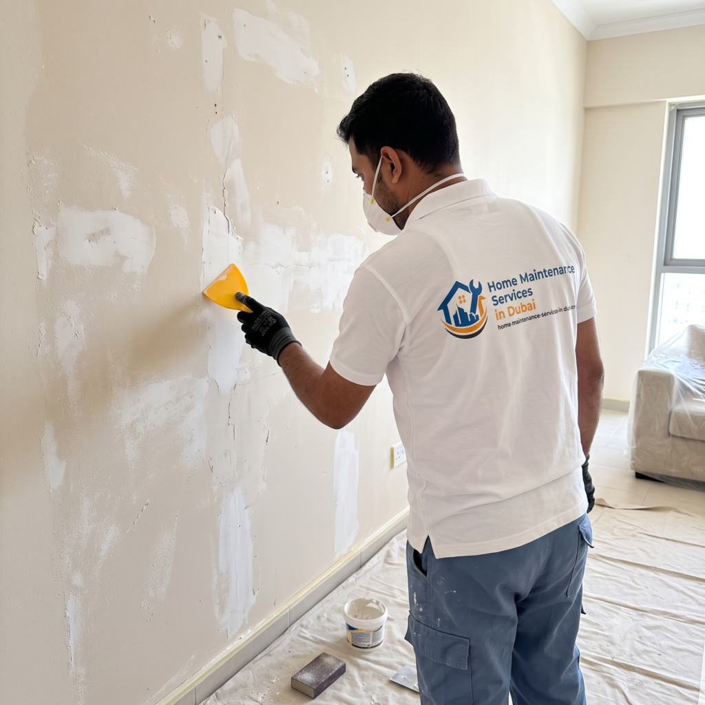 working filling the crack before painting with wall putty.(how long does it take to paint an apartment)