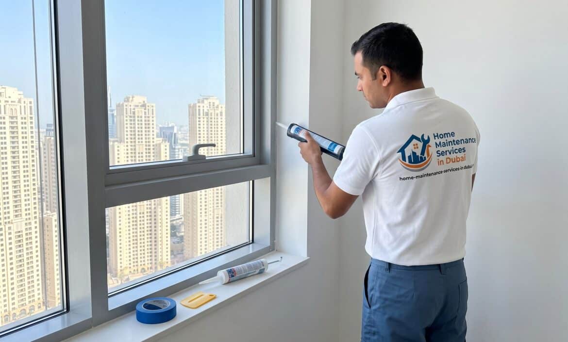 BHMS handyman applying silicone sealant How to reseal a window in a Dubai apartment
