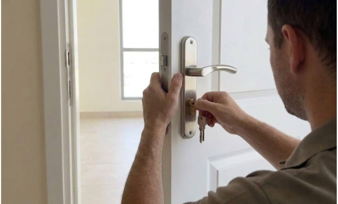 BHMS Home Maintenance| Handyman replacing a door lock cylinder on a white apartment door in Dubai using a screwdriver