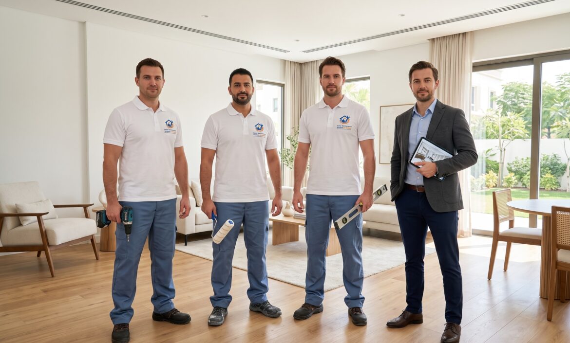 BHMS home maintenance team working on painting, carpentry, and repairs in a Dubai apartment"