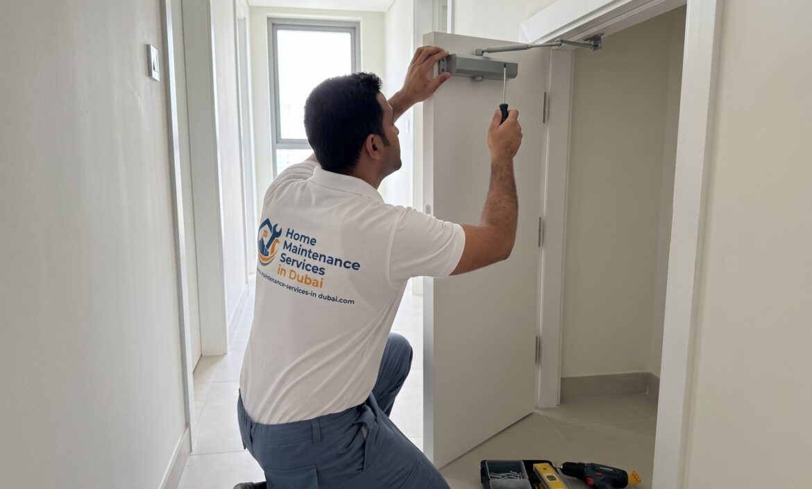 BHMS handyman installing a low profile door stopper on the floor in a Dubai apartment
