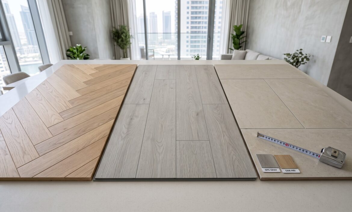 Comparison of vinyl, parquet, and tile flooring samples for a Dubai home renovation