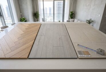 Comparison of vinyl, parquet, and tile flooring samples for a Dubai home renovation