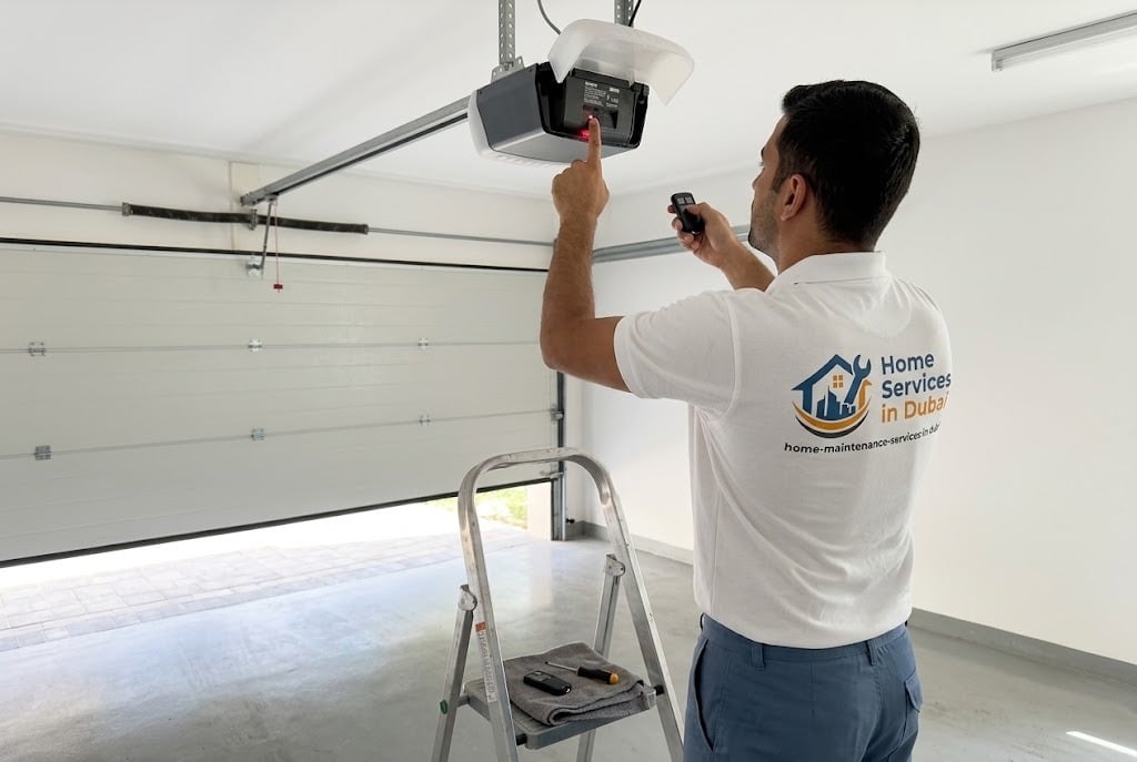 BHMS handyman programming a garage door opener remote in a Dubai villa garage