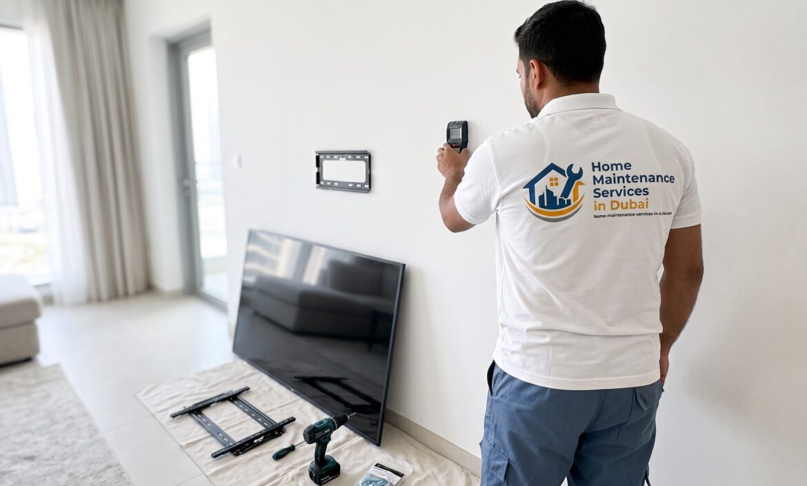 Handyman checking for wall studs before mounting a TV on a gypsum wall in a Dubai apartment