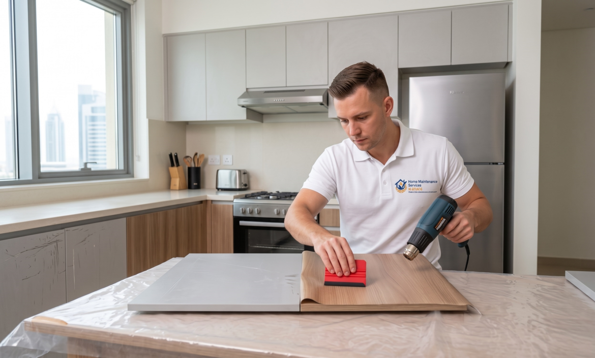 Kitchen wrapping Dubai cost - technician applying vinyl wrap to kitchen cabinets