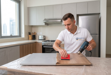 Kitchen wrapping Dubai cost - technician applying vinyl wrap to kitchen cabinets